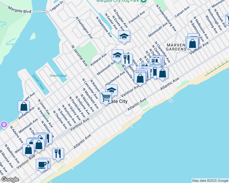 map of restaurants, bars, coffee shops, grocery stores, and more near 11 North Jasper Avenue in Margate City