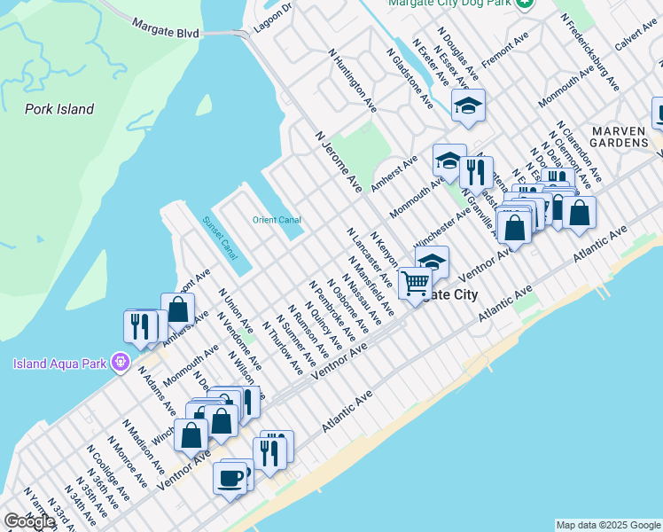 map of restaurants, bars, coffee shops, grocery stores, and more near 112 North Nassau Avenue in Margate City