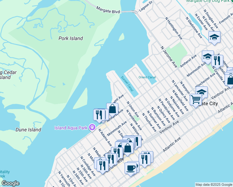 map of restaurants, bars, coffee shops, grocery stores, and more near 411 North Vendome Avenue in Margate City
