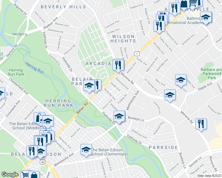 map of restaurants, bars, coffee shops, grocery stores, and more near 4406 Asbury Avenue in Baltimore