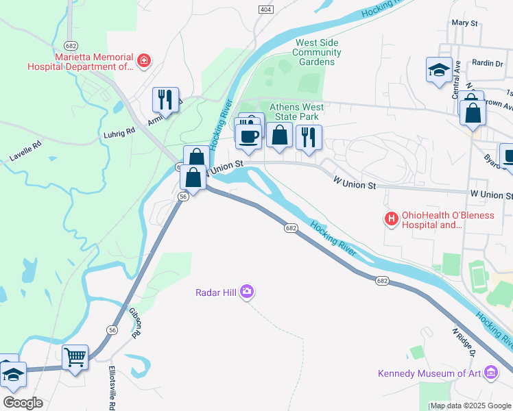 map of restaurants, bars, coffee shops, grocery stores, and more near Ohio 682 in Athens