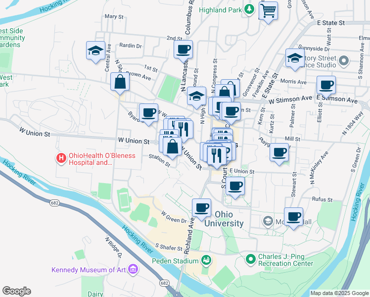 map of restaurants, bars, coffee shops, grocery stores, and more near 93 West Union Street in Athens