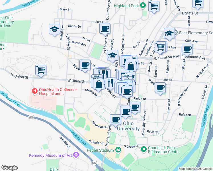 map of restaurants, bars, coffee shops, grocery stores, and more near 92 West Union Street in Athens