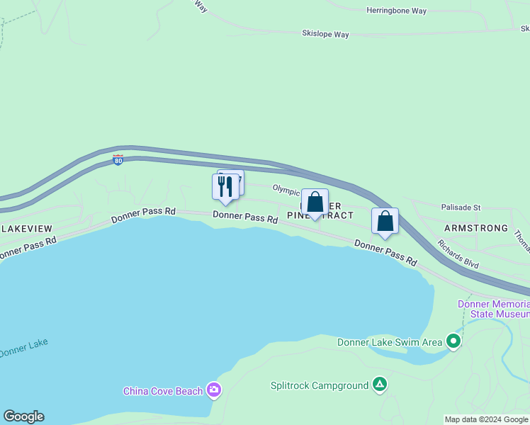 map of restaurants, bars, coffee shops, grocery stores, and more near 13569 Donner Pass Road in Truckee