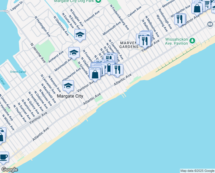 map of restaurants, bars, coffee shops, grocery stores, and more near 103 South Frontenac Avenue in Margate City