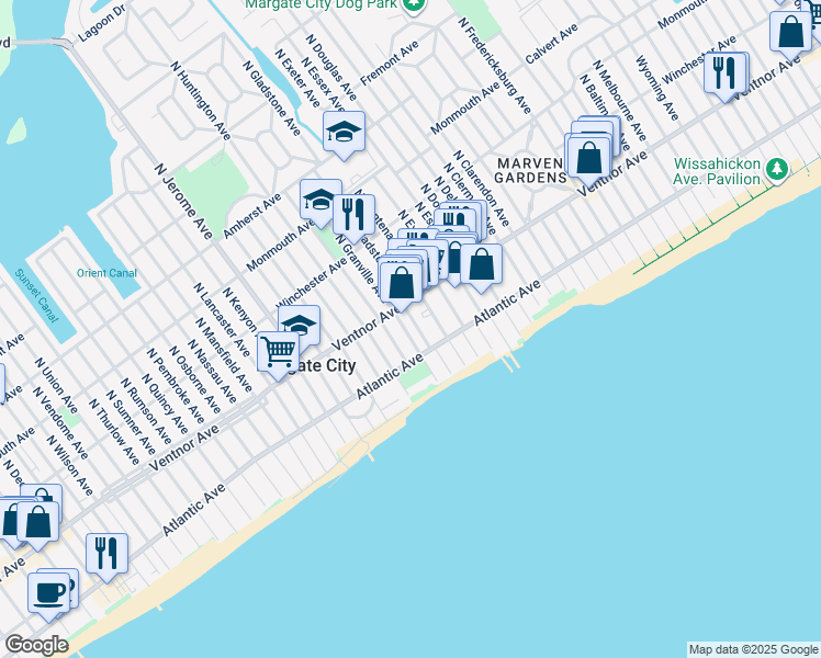 map of restaurants, bars, coffee shops, grocery stores, and more near 8013 Atlantic Avenue in Margate City