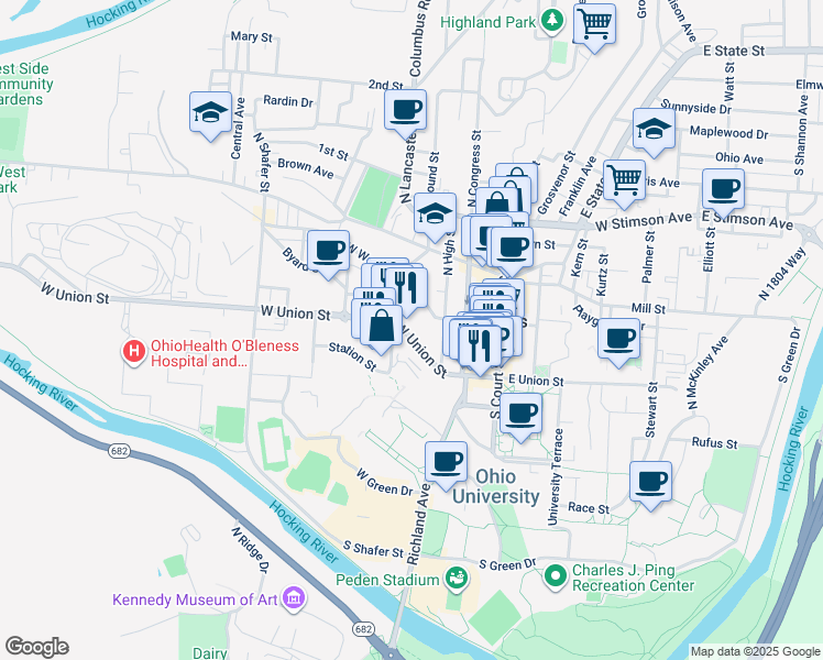 map of restaurants, bars, coffee shops, grocery stores, and more near 74 West Union Street in Athens