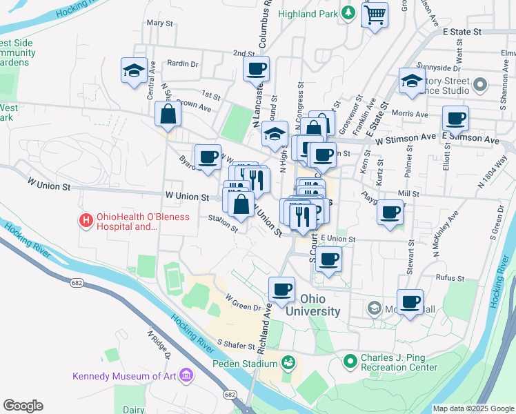 map of restaurants, bars, coffee shops, grocery stores, and more near 93 West Union Street in Athens