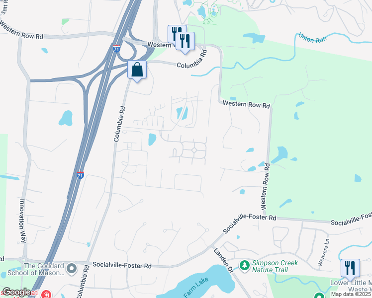 map of restaurants, bars, coffee shops, grocery stores, and more near 7525 Wakefield Lane in Maineville