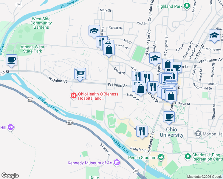 map of restaurants, bars, coffee shops, grocery stores, and more near 37 Moore Avenue in Athens