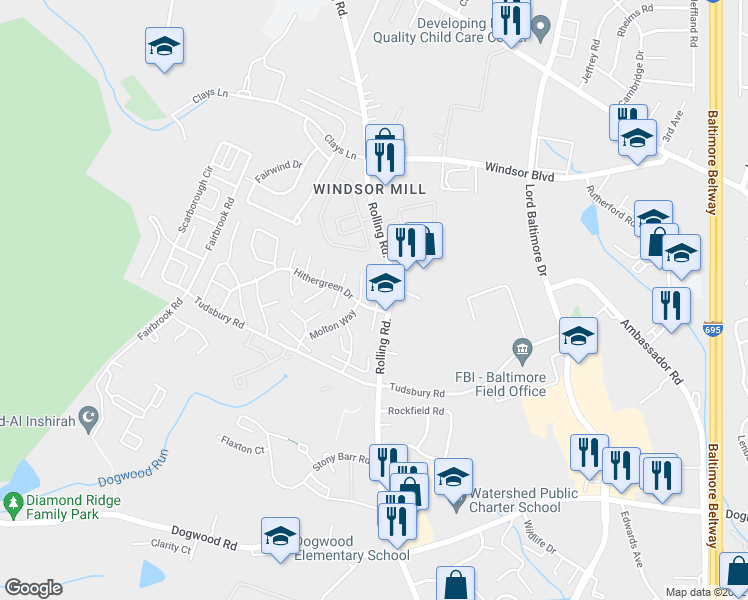 map of restaurants, bars, coffee shops, grocery stores, and more near 2608 Camberwell Court in Baltimore