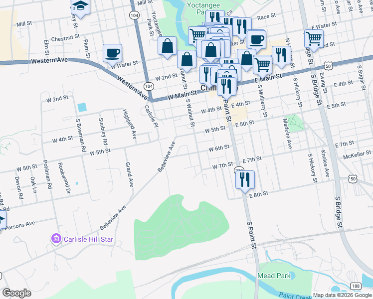map of restaurants, bars, coffee shops, grocery stores, and more near 180 South Walnut Street in Chillicothe