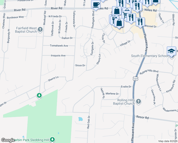map of restaurants, bars, coffee shops, grocery stores, and more near 5245 Sherry Lane in Fairfield