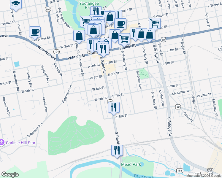 map of restaurants, bars, coffee shops, grocery stores, and more near 209 South Paint Street in Chillicothe