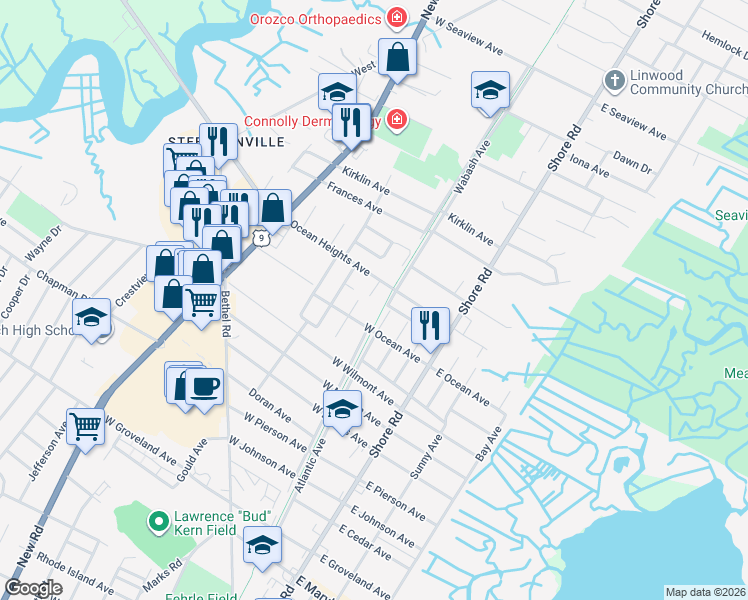 map of restaurants, bars, coffee shops, grocery stores, and more near 202 Philadelphia Avenue in Somers Point