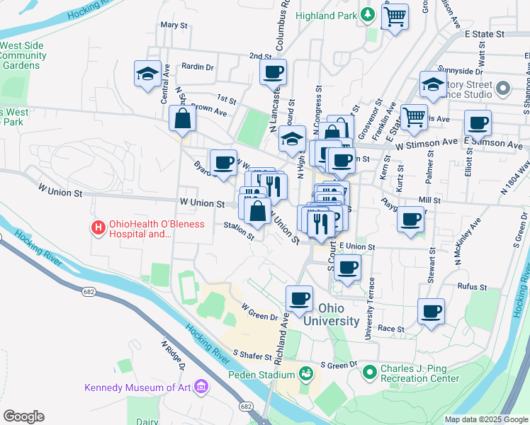 map of restaurants, bars, coffee shops, grocery stores, and more near Depot Street in Athens
