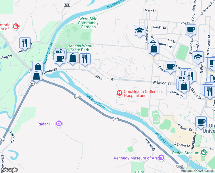 map of restaurants, bars, coffee shops, grocery stores, and more near 90 Hospital Drive in Athens
