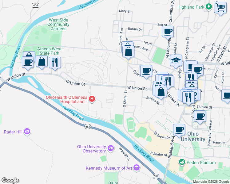map of restaurants, bars, coffee shops, grocery stores, and more near 265 West Union Street in Athens