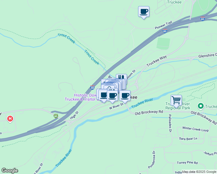map of restaurants, bars, coffee shops, grocery stores, and more near 10098 Jibboom Street in Truckee