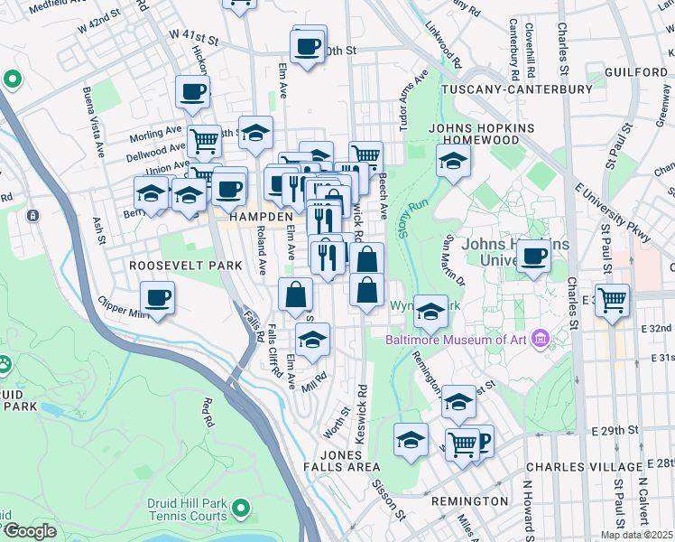 map of restaurants, bars, coffee shops, grocery stores, and more near 3417 Chestnut Avenue in Baltimore