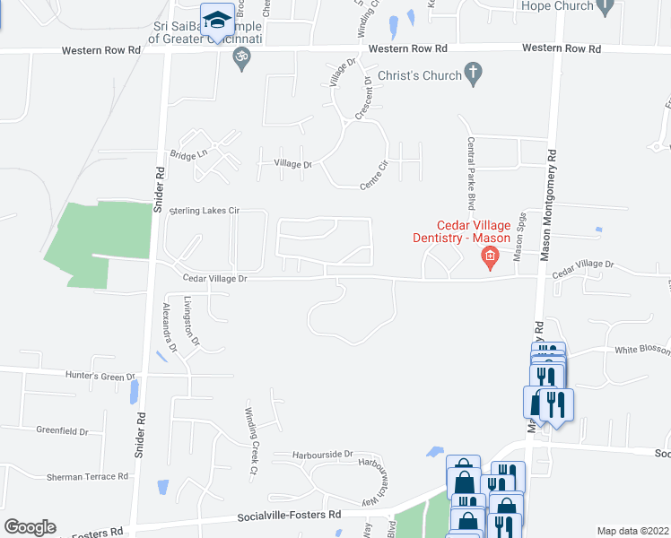 map of restaurants, bars, coffee shops, grocery stores, and more near 5541 East Fountain Circle Drive in Mason