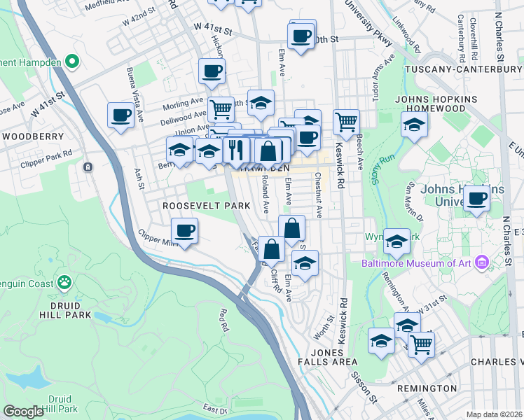 map of restaurants, bars, coffee shops, grocery stores, and more near 3420 Roland Avenue in Baltimore