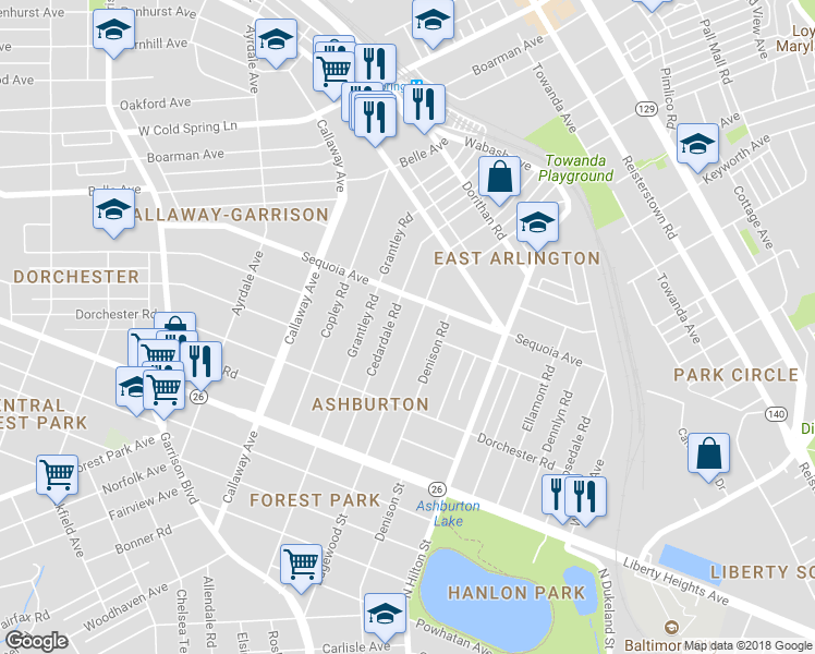 map of restaurants, bars, coffee shops, grocery stores, and more near 3700 Edgewood Road in Baltimore