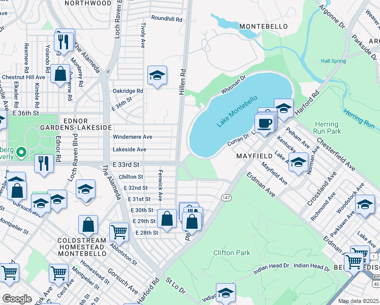 map of restaurants, bars, coffee shops, grocery stores, and more near Lake Drive in Baltimore
