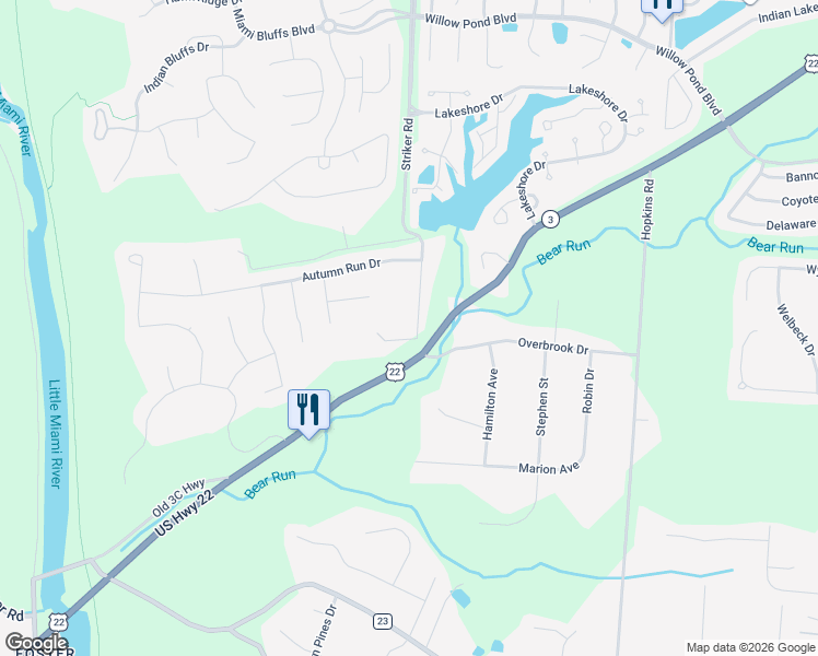 map of restaurants, bars, coffee shops, grocery stores, and more near 7331 Striker Road in Maineville