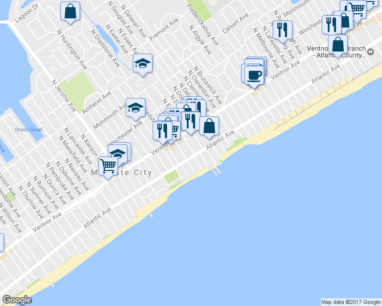 map of restaurants, bars, coffee shops, grocery stores, and more near 7903 Atlantic Avenue in Margate City