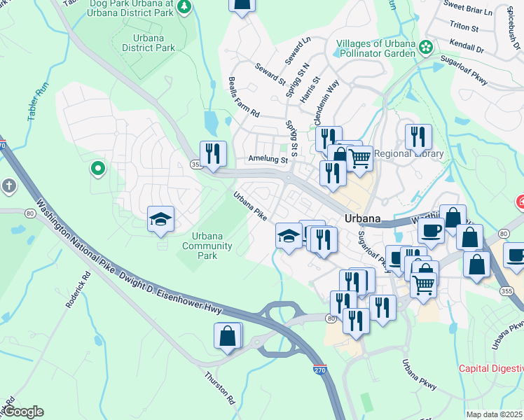 map of restaurants, bars, coffee shops, grocery stores, and more near 3613 Urbana Pike in Frederick