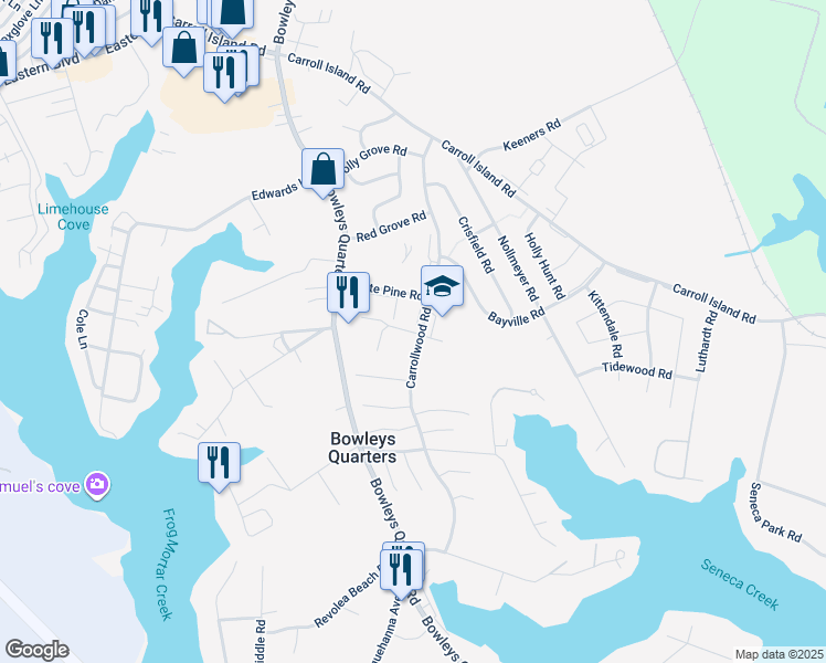 map of restaurants, bars, coffee shops, grocery stores, and more near 24 Starwood Ct in Middle River