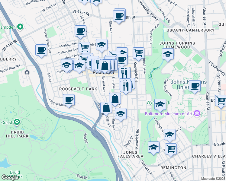 map of restaurants, bars, coffee shops, grocery stores, and more near 907 West 34th Street in Baltimore
