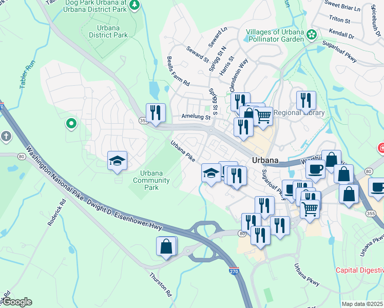 map of restaurants, bars, coffee shops, grocery stores, and more near 3613 Urbana Pike in Frederick