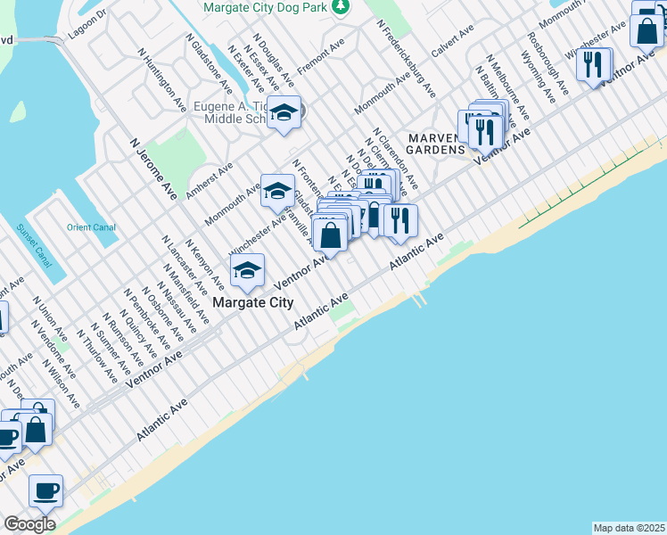 map of restaurants, bars, coffee shops, grocery stores, and more near 8013 Atlantic Avenue in Margate City