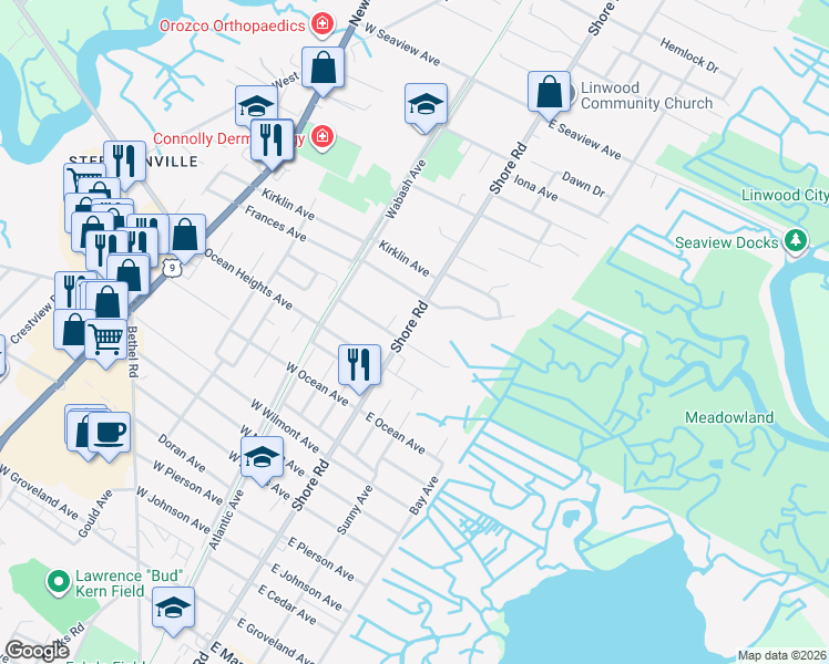 map of restaurants, bars, coffee shops, grocery stores, and more near 3 East Royal Avenue in Linwood
