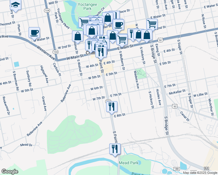 map of restaurants, bars, coffee shops, grocery stores, and more near 209 South Paint Street in Chillicothe