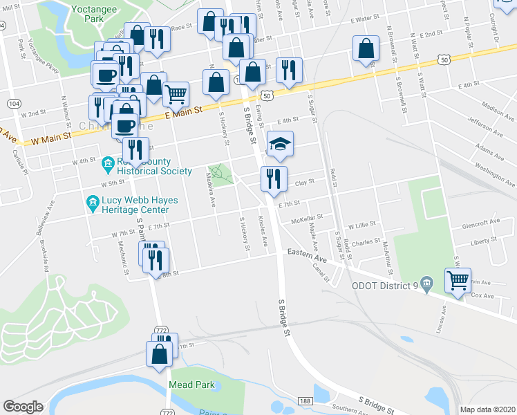 map of restaurants, bars, coffee shops, grocery stores, and more near 247 Knoles Avenue in Chillicothe