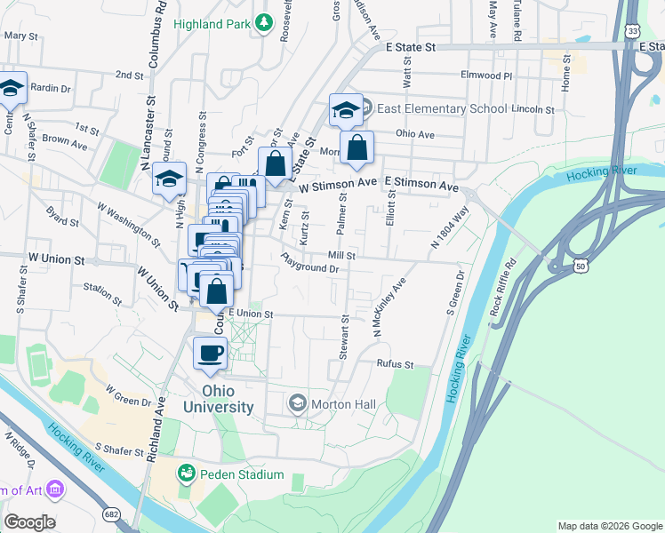 map of restaurants, bars, coffee shops, grocery stores, and more near 117 Mill Street in Athens