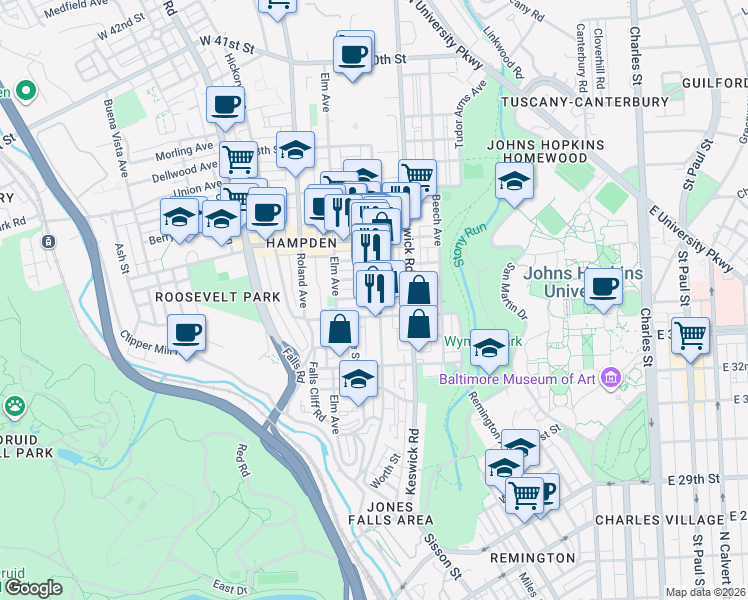 map of restaurants, bars, coffee shops, grocery stores, and more near 3422 Chestnut Avenue in Baltimore