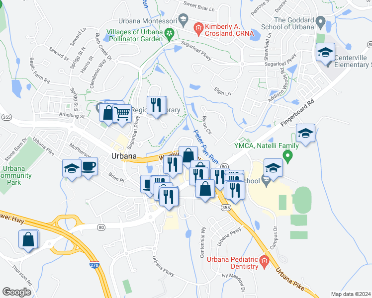 map of restaurants, bars, coffee shops, grocery stores, and more near 3577 Tabard Lane in Frederick
