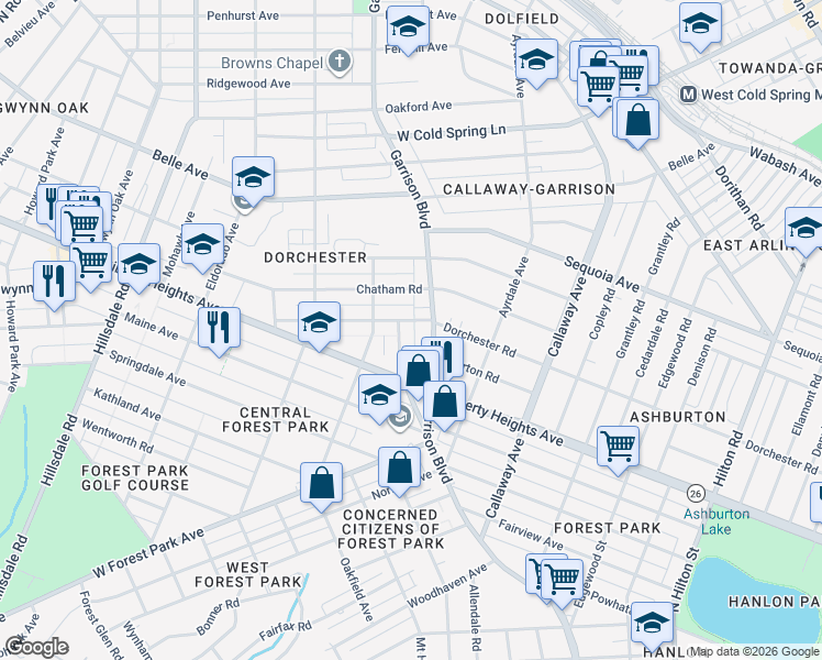 map of restaurants, bars, coffee shops, grocery stores, and more near 3901 Dorchester Road in Baltimore