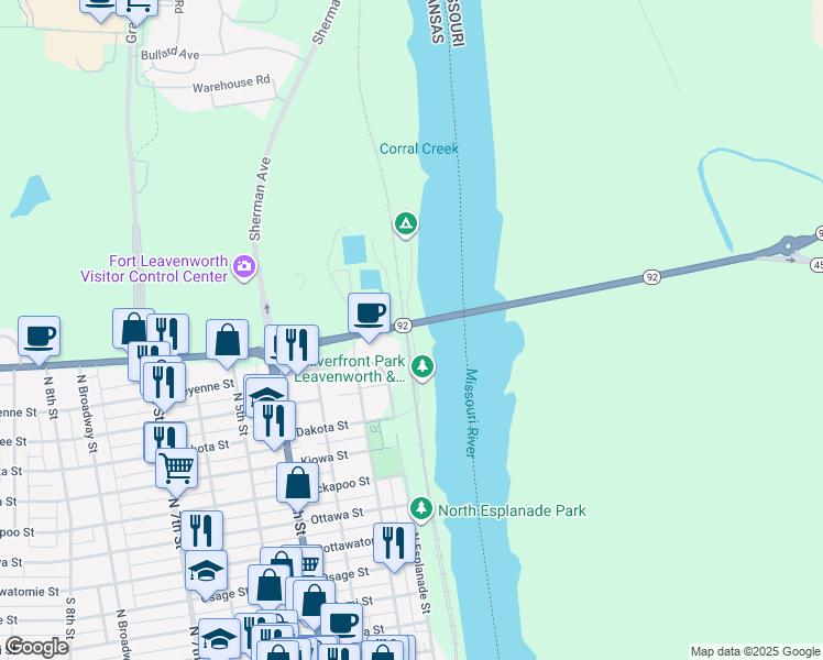 map of restaurants, bars, coffee shops, grocery stores, and more near Riverfront Park Road in Leavenworth