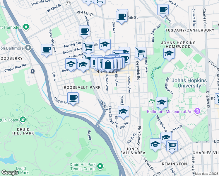 map of restaurants, bars, coffee shops, grocery stores, and more near 3431 Roland Avenue in Baltimore