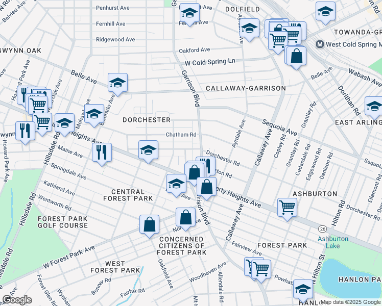 map of restaurants, bars, coffee shops, grocery stores, and more near 3901 Dorchester Road in Baltimore