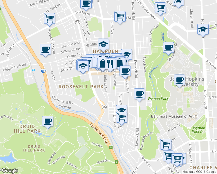 map of restaurants, bars, coffee shops, grocery stores, and more near 3431 Roland Avenue in Baltimore