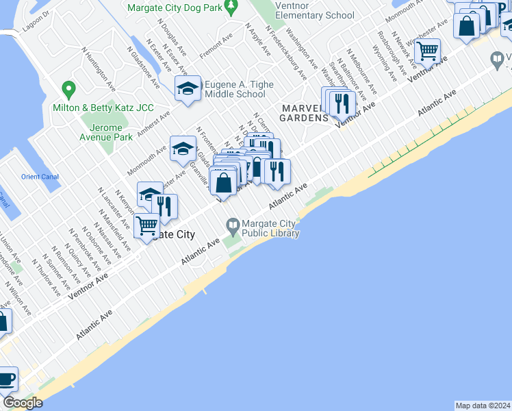 map of restaurants, bars, coffee shops, grocery stores, and more near 28 South Franklin Avenue in Margate City