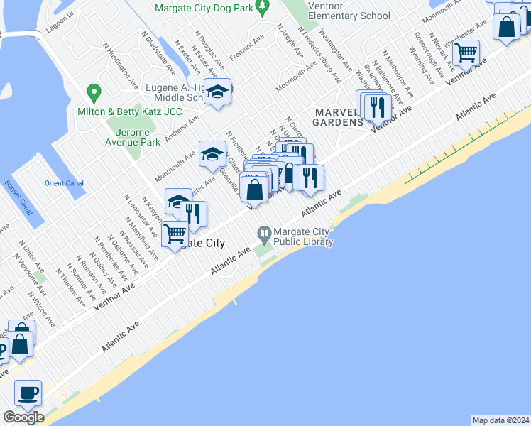 map of restaurants, bars, coffee shops, grocery stores, and more near 8000 Ventnor Avenue in Margate City