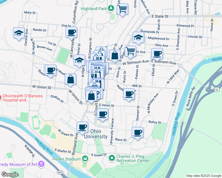map of restaurants, bars, coffee shops, grocery stores, and more near 28N North College Street in Athens