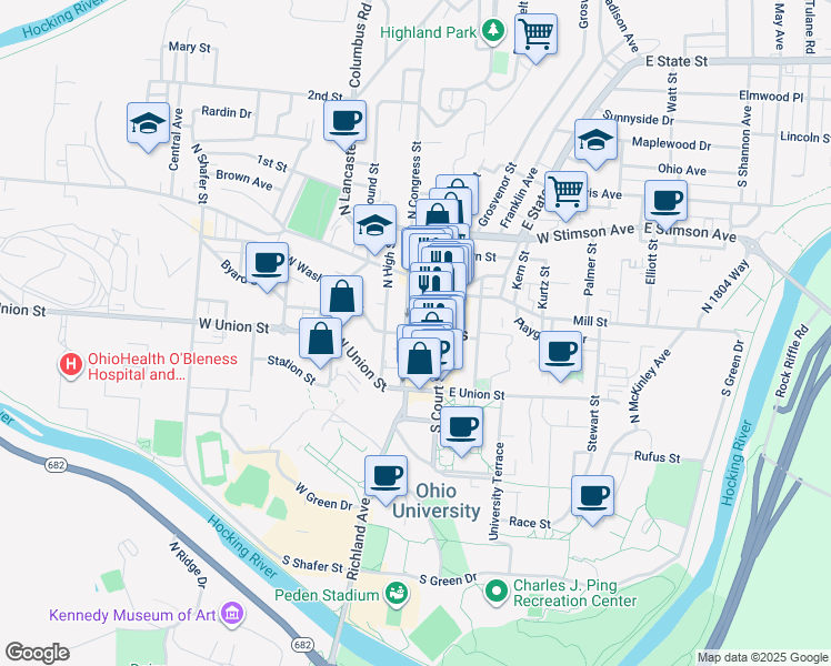 map of restaurants, bars, coffee shops, grocery stores, and more near 19 North Congress Street in Athens